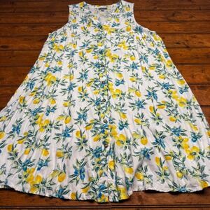 J for Justify Women 2X Lemon Print Sleeveless Button Front Summer Dress White